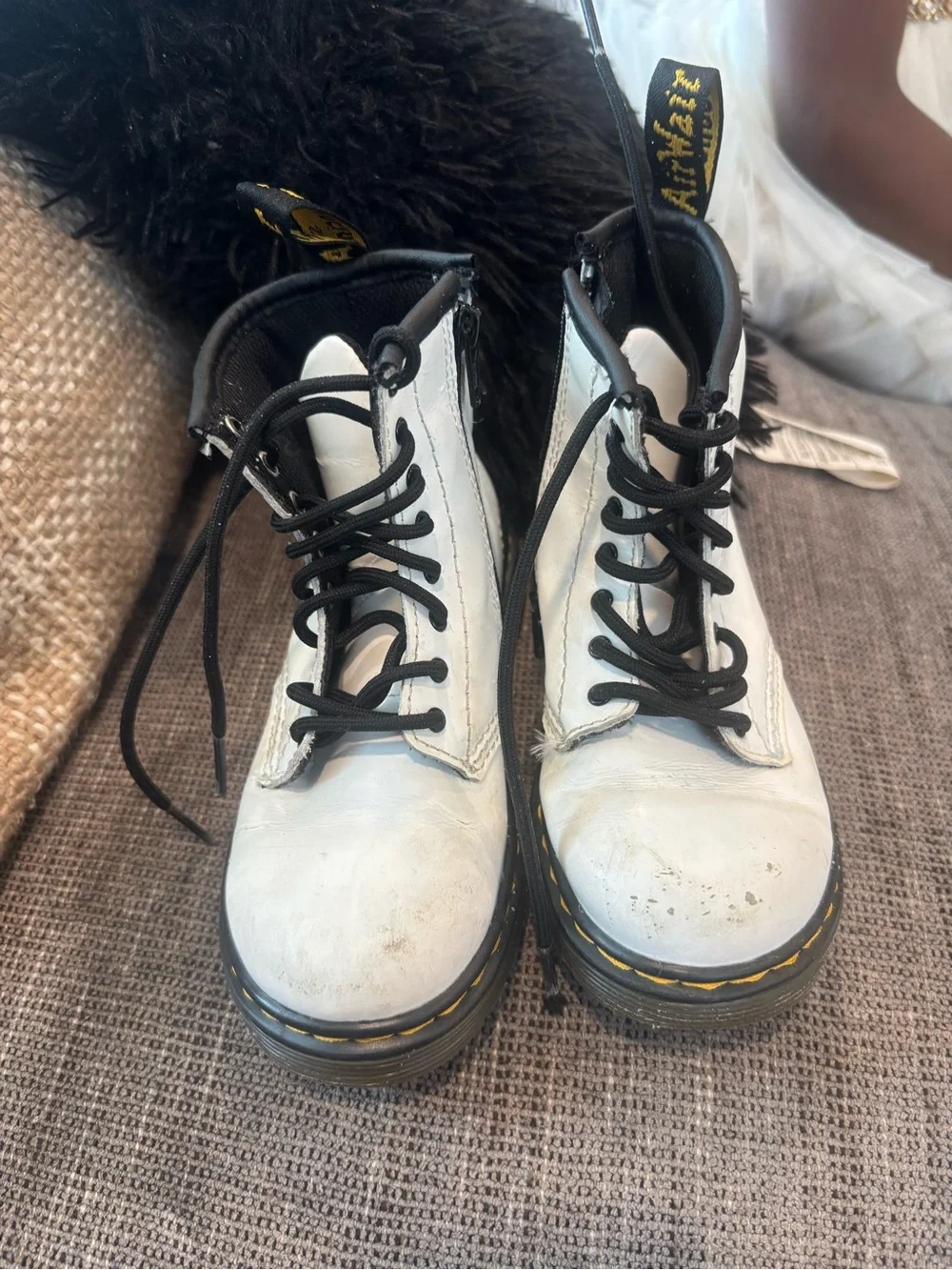 Dr. Martens Kids White Leather Lace-Up Ankle Boots with Black Trim